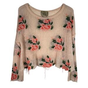 Wildfox White Label Women's Prairie Rose Cropped Sweater S Pink Distressed Knit